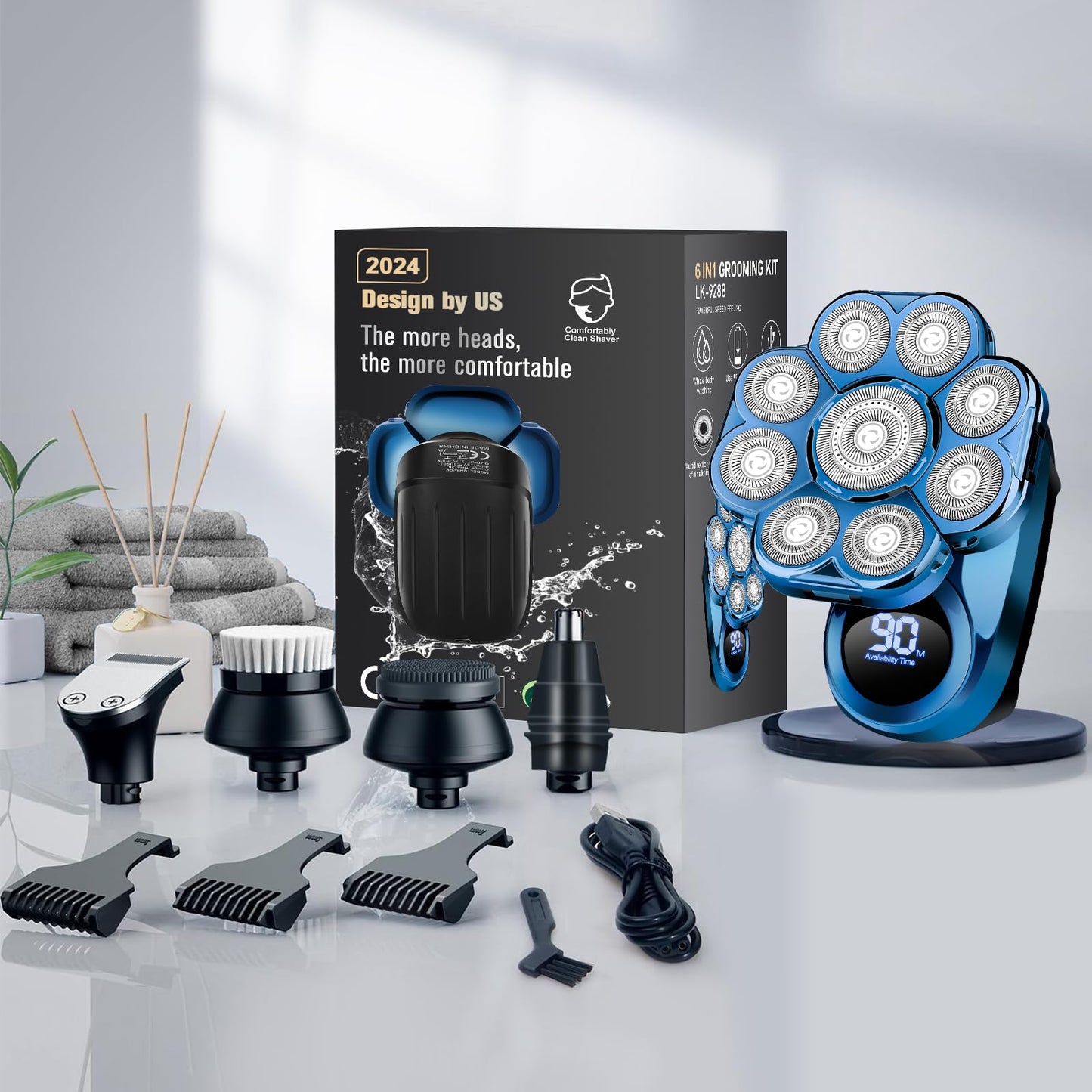 9D Electric Head Shaver for Bald Men, Upgraded 5-in-1 Waterproof Wet/Dry Grooming Kit Electric Shaver for Men, Cordless Rechargeable Bald Head Razor for Home&Travel