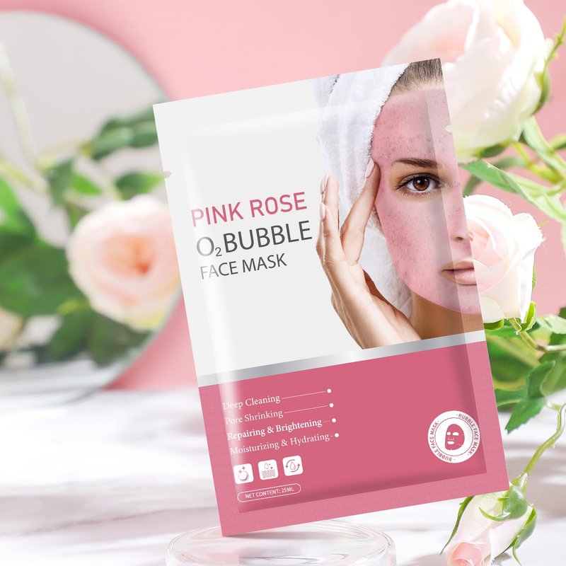 IREV Pack of 10 Pink Rose O2 Bubble Face Masks Skincare, Spa Presents for Women, Bubble Face Sheet Mask Cleaner Foaming Purifying Facial Mask for Acne and Pores Moisturizing Beauty Sheet Masks