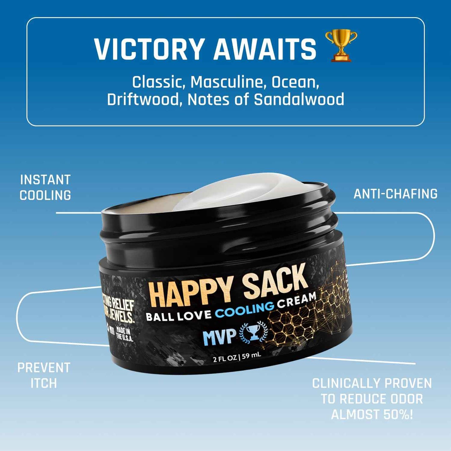 Derm Dude Happy Sack Ball Deodorant & Anti-Chafing Cream for Men | Nut Cooling Lotion for Groin & Private Parts | Odor Control, Aluminum-Free, DeoPlex Formula – MVP Scent, 2oz (1 Pack)