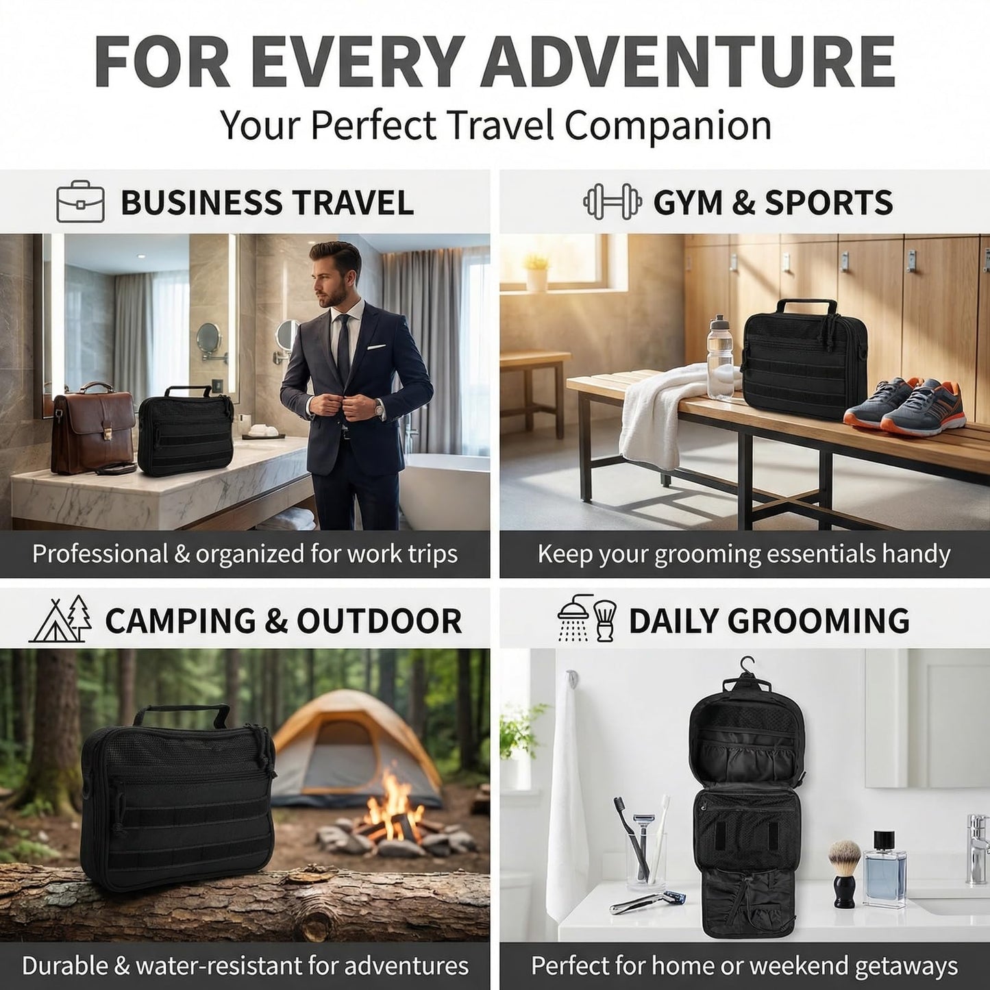 VELVEBAG Tactical Toiletry Bag for Men, Mens Toiletry Travel Bag, Hanging Dopp Kit Waterproof TravelShaving Hygiene Bag, Bathroom Multi-pocket Organizer, for Short Trips, Camping & Gym, Black