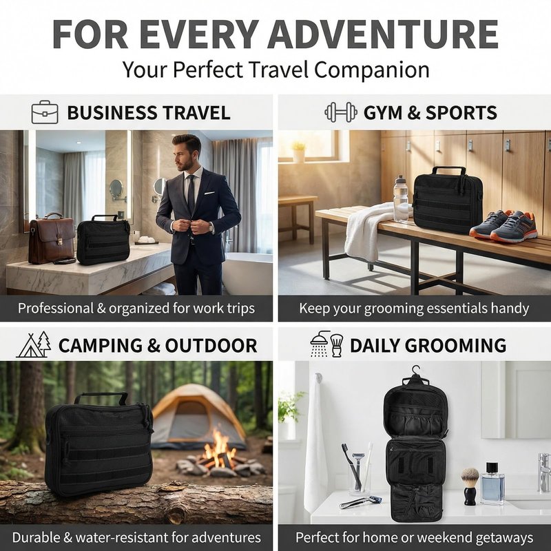 VELVEBAG Tactical Toiletry Bag for Men, Mens Toiletry Travel Bag, Hanging Dopp Kit Waterproof TravelShaving Hygiene Bag, Bathroom Multi-pocket Organizer, for Short Trips, Camping & Gym, Black