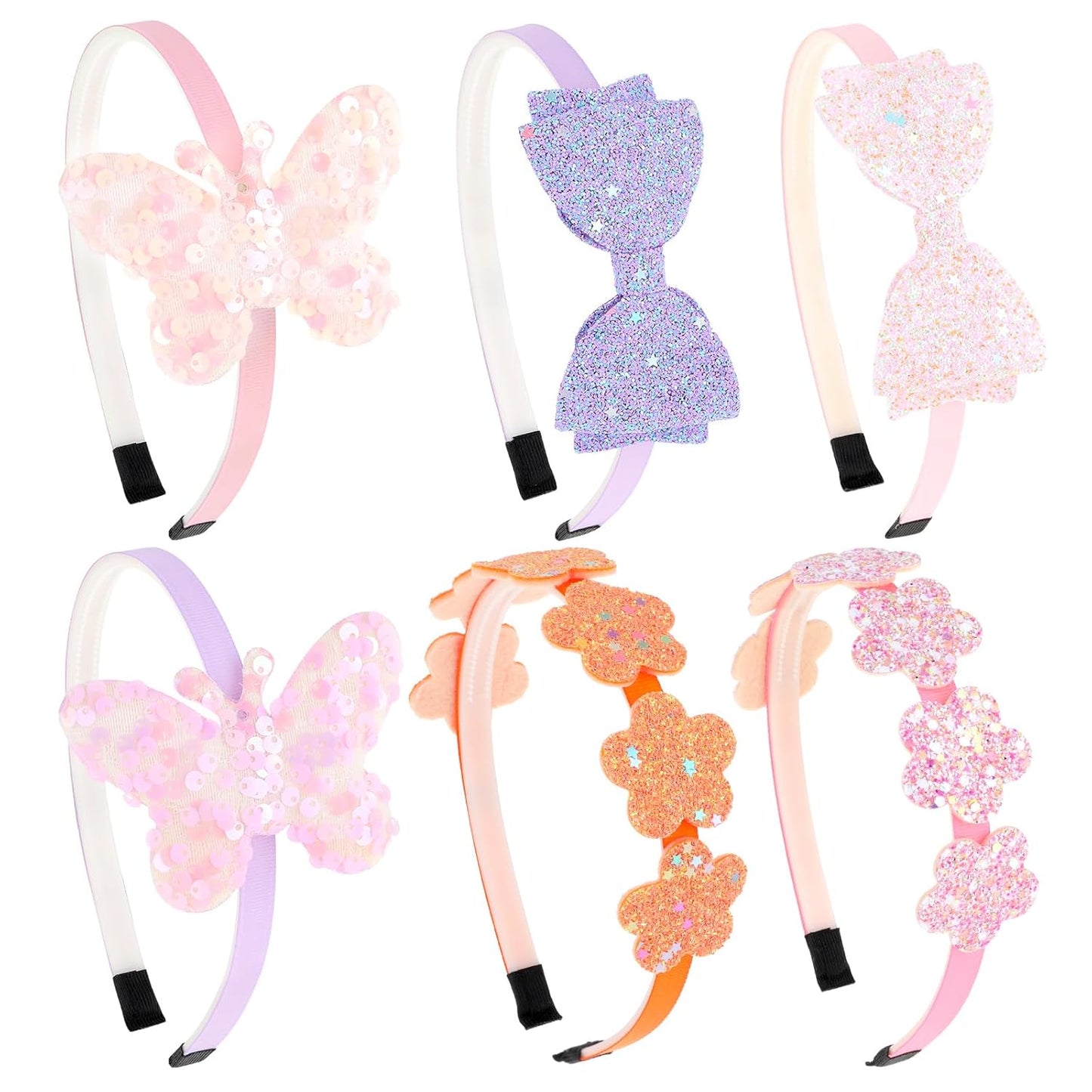 6 Pack Girls Headbands with Bow, Colorful Glitter Kids Headbands for Little Girls with Plastic Sparkly Bow Butterfly Floral Toddlers Hair Accessories