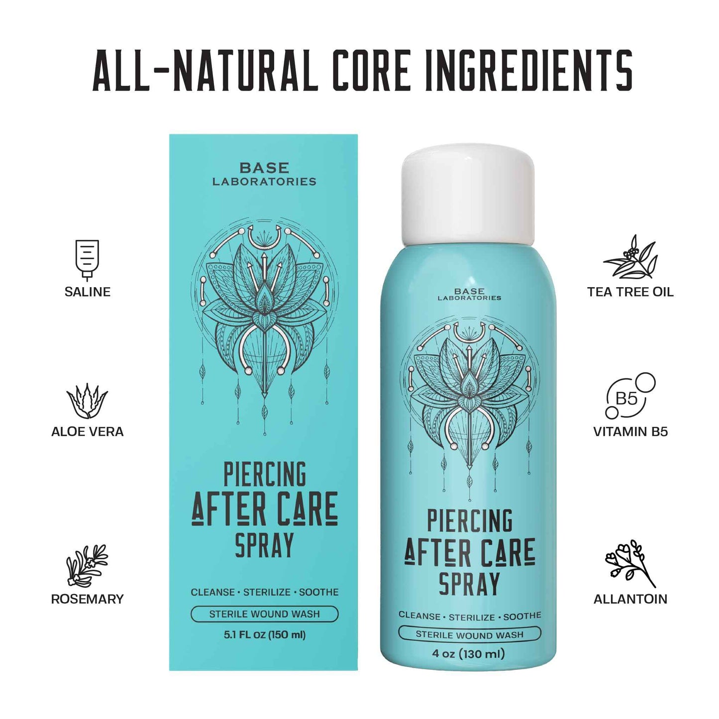 BASE LABORATORIES Piercing Aftercare Spray 4oz | Saline Spray for Piercings | Ear Piercing Cleaner | Saline Solution for Piercings | Keloid Bump Removal for Ears, Belly Nose Piercings - 2PK