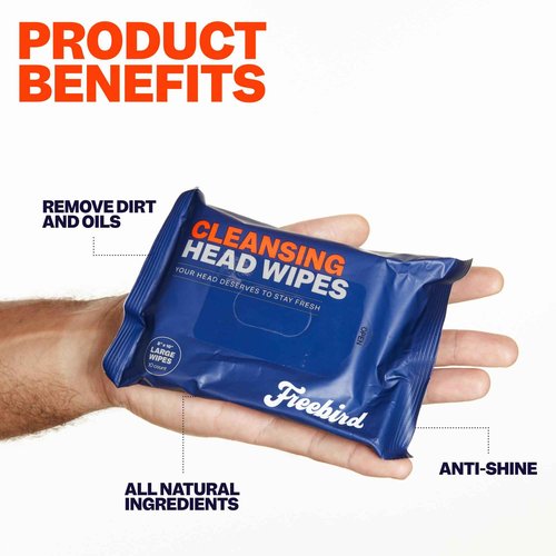 Freebird Head & Body Towelette Wipes for Men - 10ct Large, Rinse-Free Head Towel, Flushable, pH-balanced, Showerless, Perfect for Gym, Camping, Anti-Shine with Natural Aloe, Eucalyptus, Witch Hazel