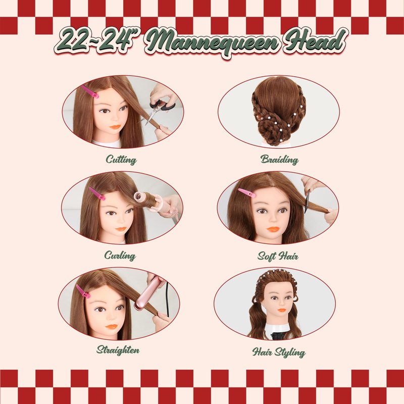 Mannequin Head Human Hair 22-24" Cosmetology Manikin Head with 100% Real Human Hair for Hairdresser Practice with Free Clamp Holder and Tools (Dark Brown)