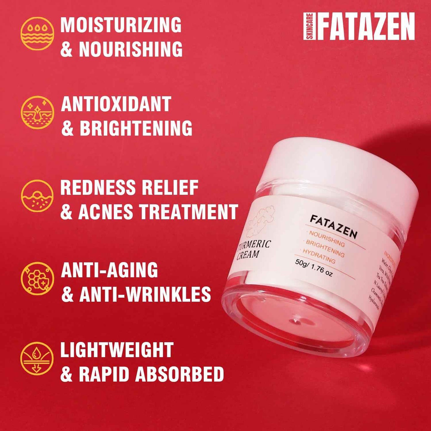FATAZEN Turmeric Face Cream with Hyaluronic Acid & Aloe Vera for Acne-Prone Skin, Non-Comedogenic Daily Brightening Turmeric Moisturizer, Tea Tree Cream Calming Redness & Balancing Oily Sensitive Skin
