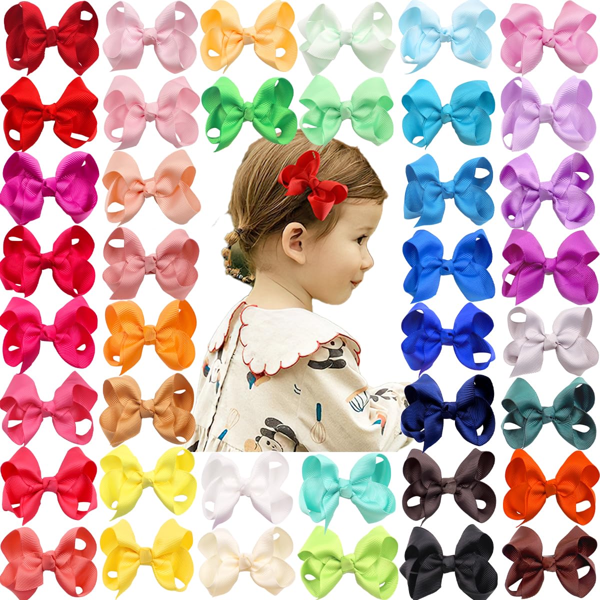 40Pcs 3 inch Hair Bows for Girls Grosgrain Ribbon Toddler Back to School Hair Accessories with Alligator Clips for Baby Girls Kids in Pairs