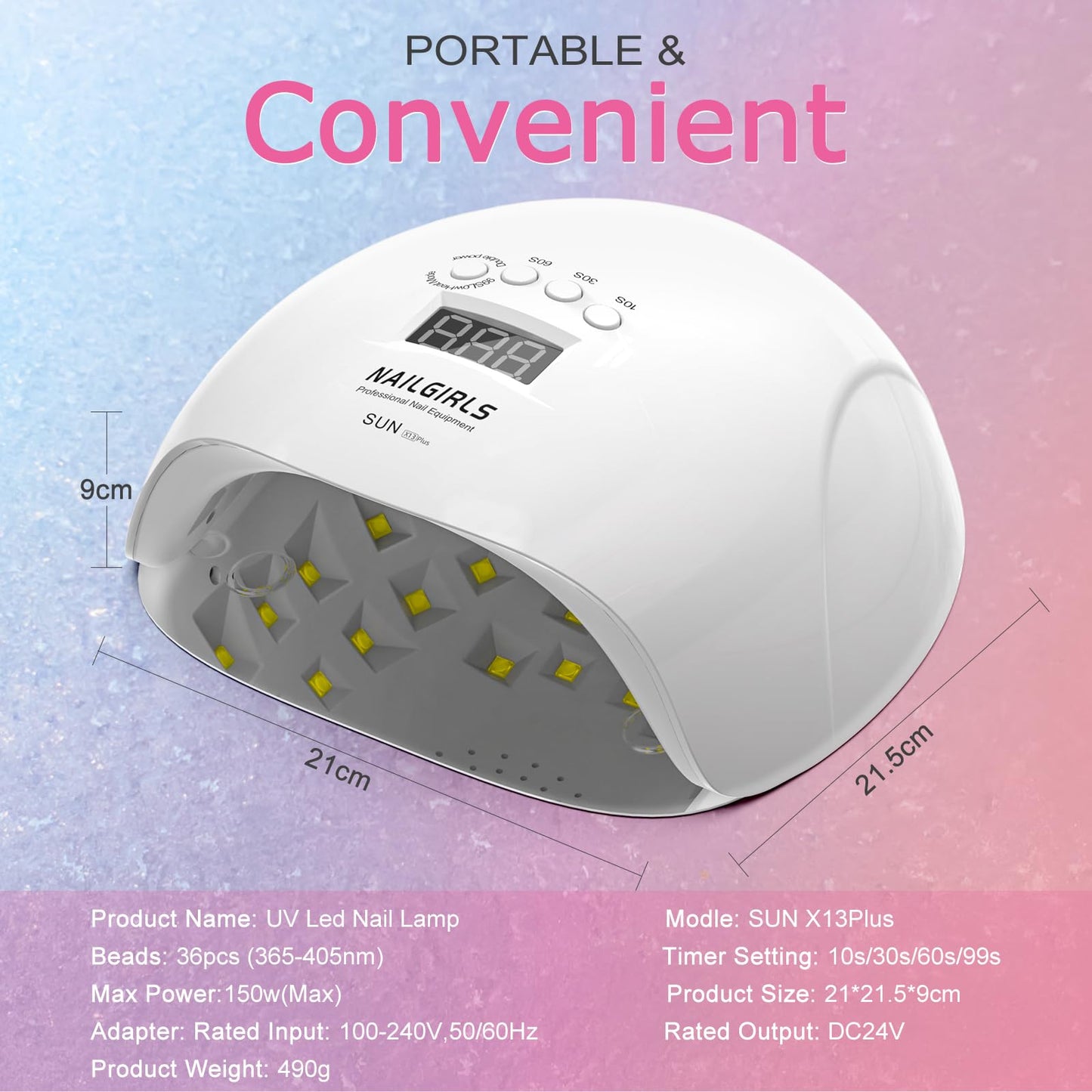 NAILGIRLS 150W UV LED Nail Lamp with Auto Sensor - Fast Curing Gel Polish Acrylic Nail Dryer, UV Nail Light 4 Timer Settings, 36 LED Beads and Automatic Sensor for Home Salon Use
