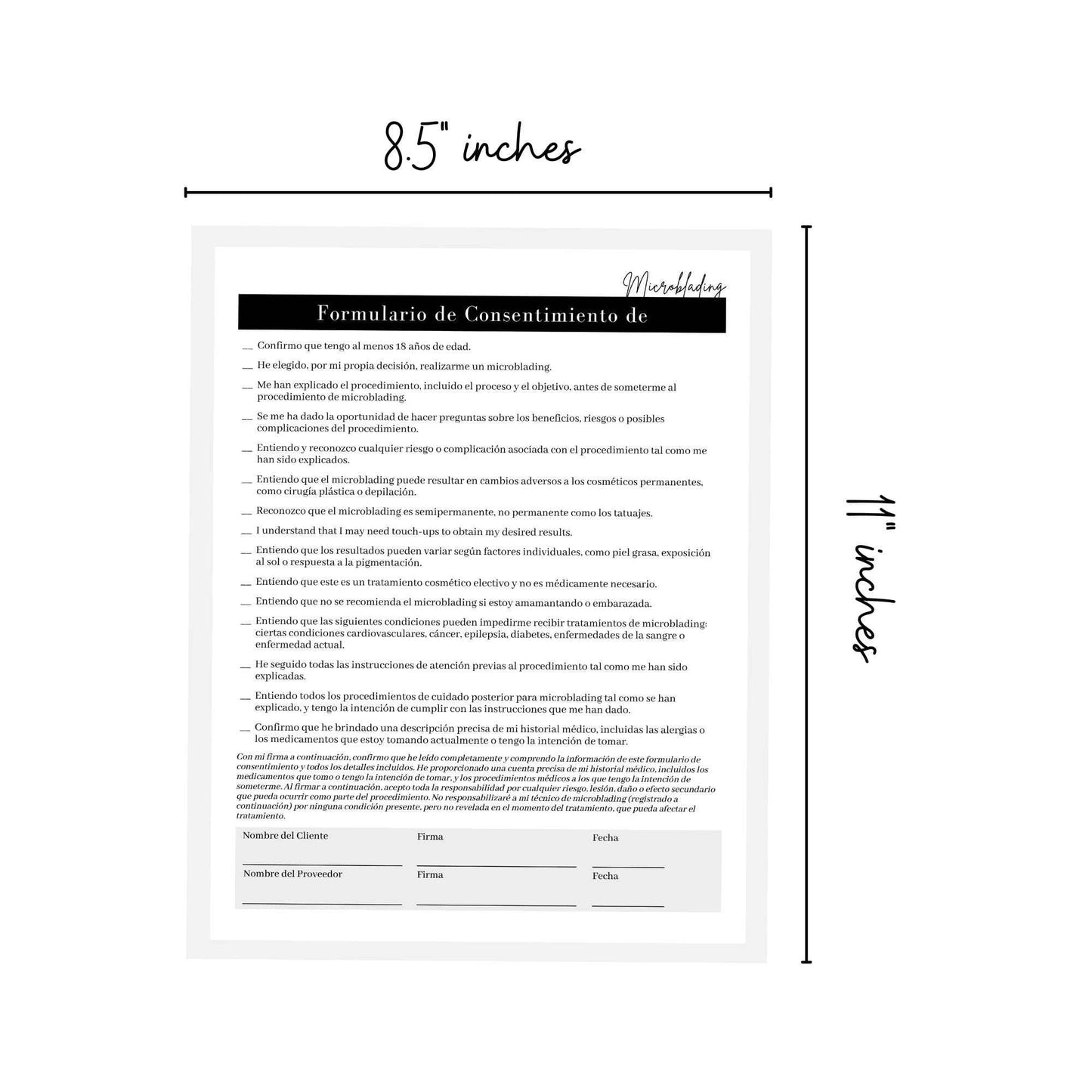 Spanish Microblading Intake, Consent, and Aftercare Form | 75 Pack | 8.5 x 11" A1 Forms | Clients Signature | Consent Forms for Microblading | Clients Signature | Minimalist Design
