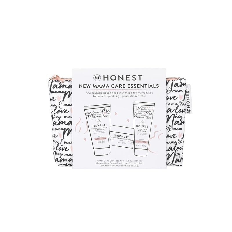 The Honest Company New Mama Care Essentials Gift Set, Hospital Bag Must Haves, Travel Size Nip Balm (0.5 oz) Glow On Body Cream (1 Gotta Face Wash (1.75 fl) with Reusable Pouch