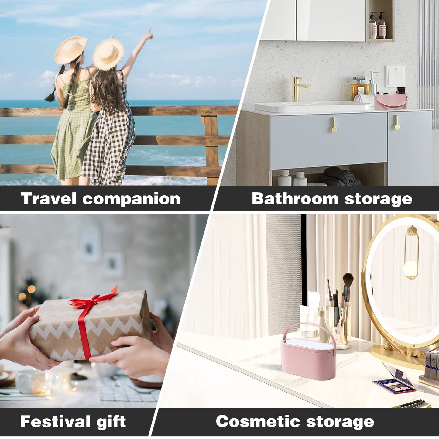 Yesinaly Travel Makeup Organizer Box with LED Mirror, Pink Portable Makeup Case Touch Switch Home Cosmetic Box