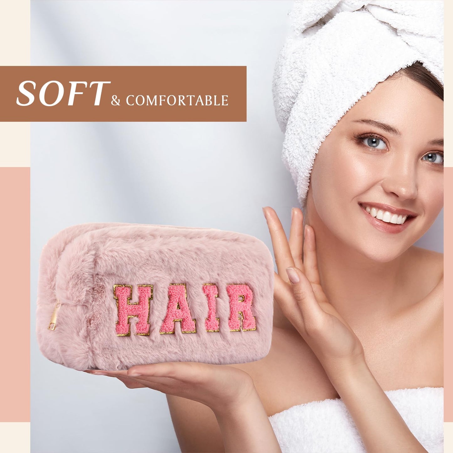 Paterr 4 Pieces Preppy Makeup Bag Chenille Letter Faux Fur Fluffy Bag Preppy Stuff Face Skin Hair Stuff Cute Toiletry Cosmetic Travel Bags Pouch with Zipper for Girls Women(Pink Brown)