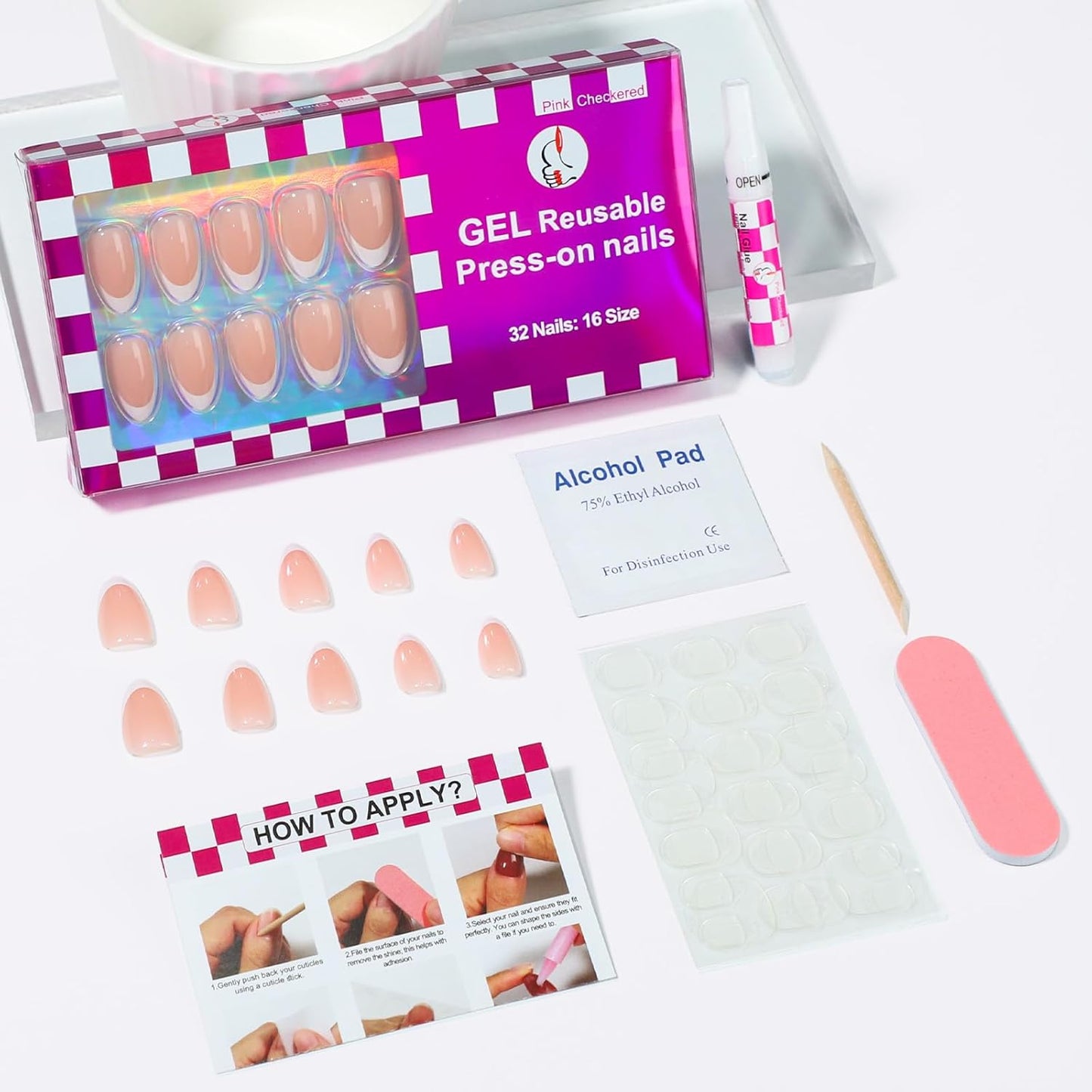 French Almond Gel Press On Nails Short 16 Sizes Fake Nails Glossy 32pcs, Nail Glue Included