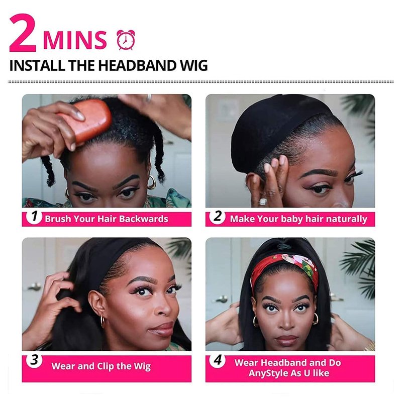 Headband Wig - 12 Inch Straight Human Hair for Black Women | Glueless Brazilian Virgin Hair, Natural Color, 150% Density