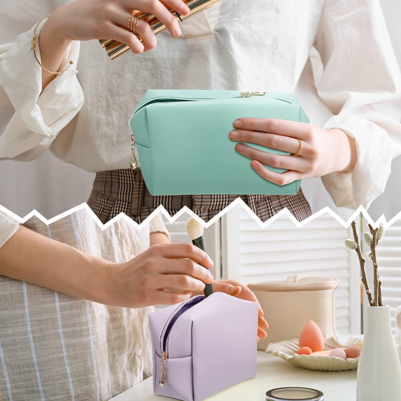 Jexine 9 Pcs Makeup Bag Leather Zipper Cosmetic Bag Preppy Water Resistant Versatile Makeup Pouch Travel Cosmetic Organizer Portable Toiletry Pouch Daily Beauty Storage for Women Girls Gift