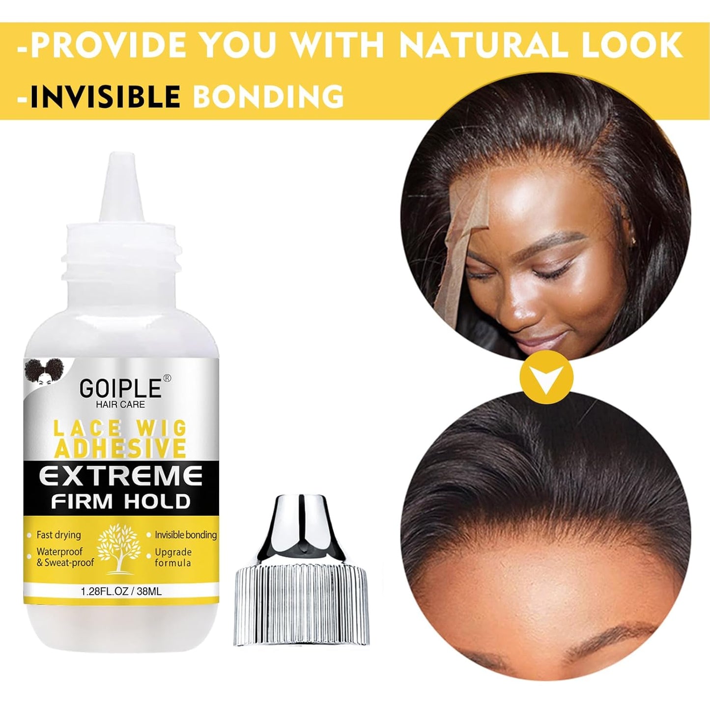 Goiple Wig Glue for Lace Front Wigs, Waterproof Lace Front Wig Glue for Wigs, Strong Hold Transparent Lace Adhesive for Hair Replacement Invisible Hair Bonding Wig Adhesive(1.28 fl oz)