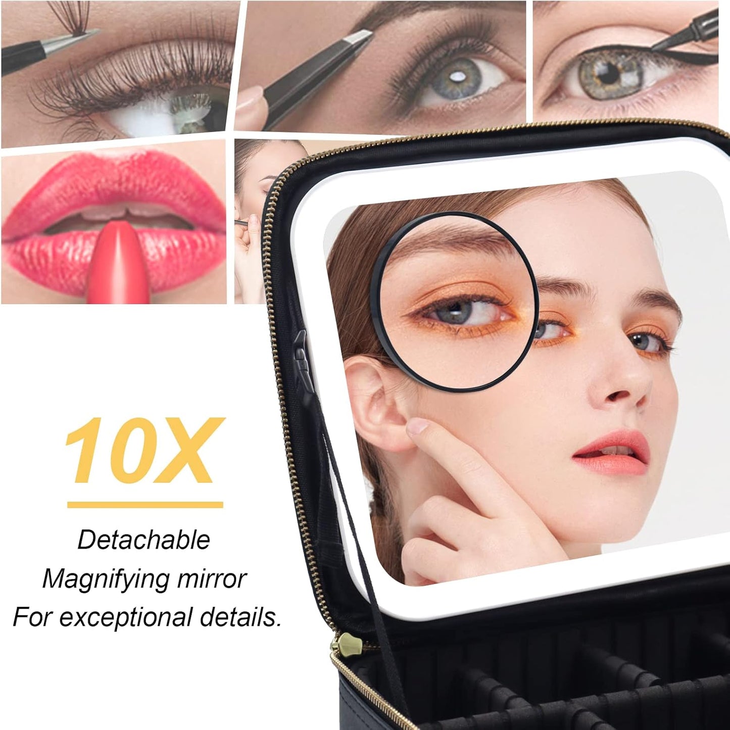 Lighted Travel Makeup Bag - Partitionable Train Case with Dimming Mirror | Cosmetic Organizer & Toiletry Gift