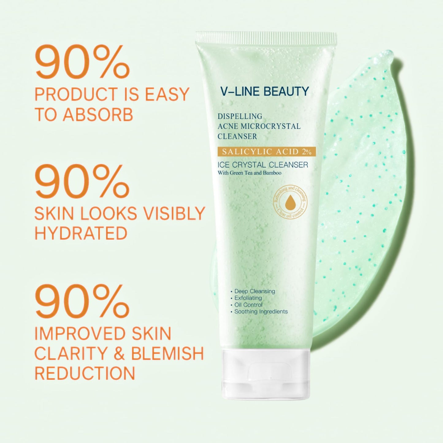 V-Line Beauty Microcrystal Gentle Cleansing Facial Gel Scrub for Oily Skin, 2% BHA + Glycerin + Green Tea + Bamboo, Soothing, Hydrating and Help Clear, Suitable for Sensitive Skin