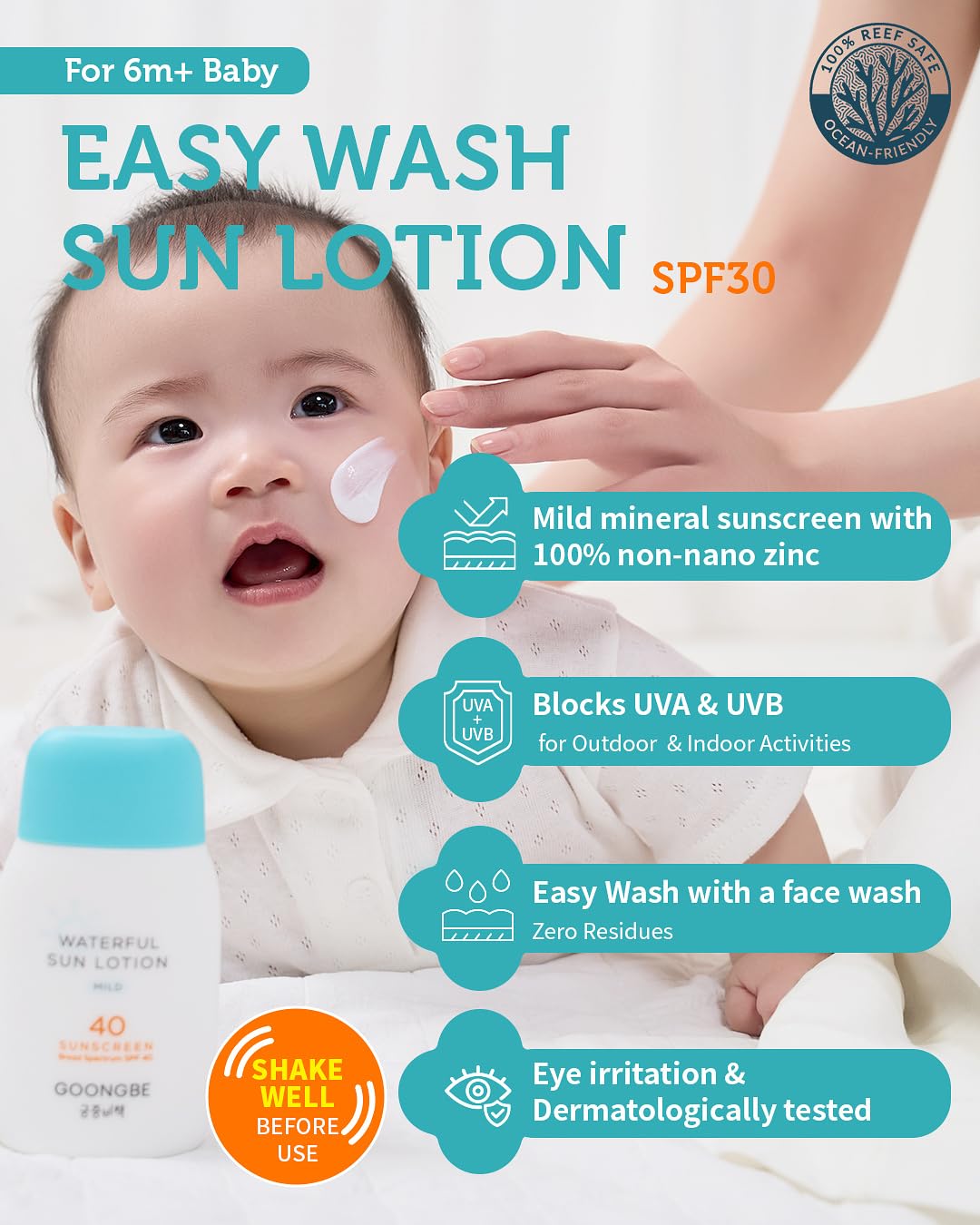 GOONGBE Baby Easy Wash Sun Lotion SPF 30 - Korean Moisturizing Zinc Oxide Mineral Sunscreen for Babies and Kids - Washes Off Easily - Vegan, Reef-Safe, Allergen-Free, 2.11 fl.oz.