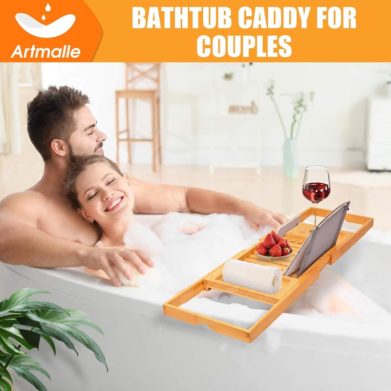 Luxury Bathtub Caddy Tray - Foldable Bamboo Bath Table with Book & Wine Glass Holder | Expandable Spa Accessory