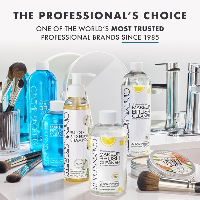 CINEMA SECRETS Original Makeup Brush Cleaner Solution & Spray Combo - Professional Cleanser for Makeup Brushes - Quick-Drying & Rinse-Free - Removes Built-Up Make Up - Lemon (16 fl oz & 2 fl oz)