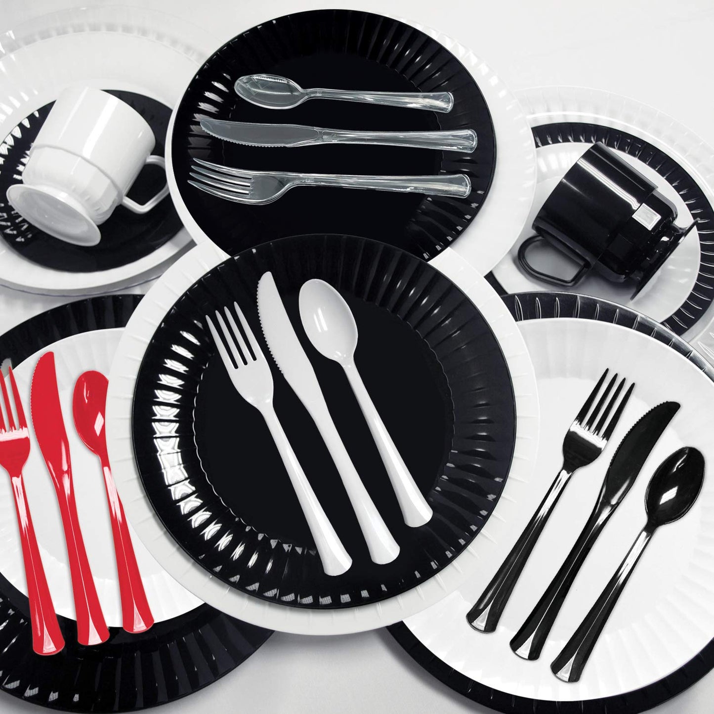 Party Essentials Extra Heavy Duty Hard Plastic Cutlery Combo Pack and Full Size Knives/Forks/Spoons, Red, 8 Place Setting-Count