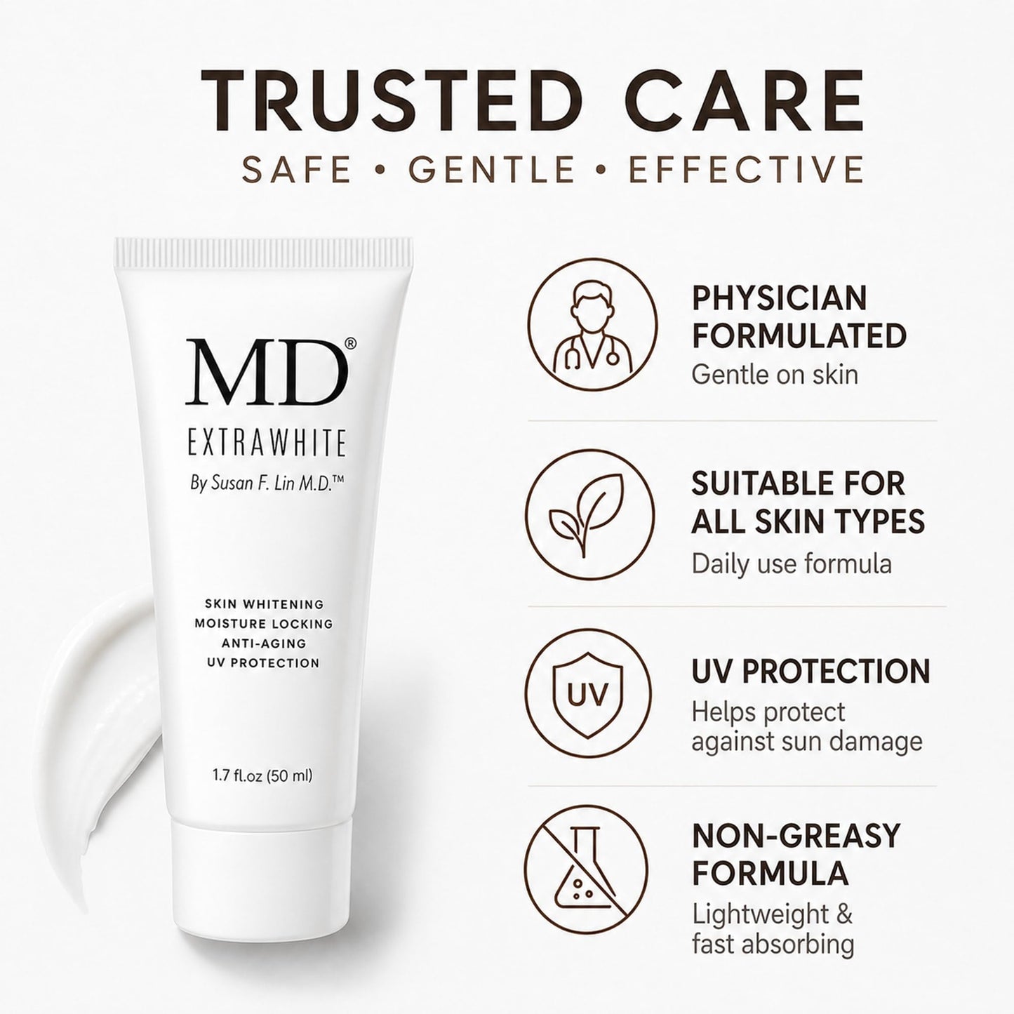 MD Extra White Skin Brightening Cream, Anti-Aging Moisturizer with UV Protection, 1.7 fl oz