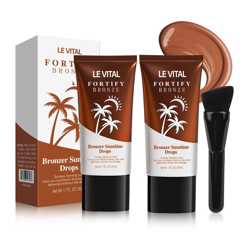 Le Vital Instant Bronzing Gel for Face & Body – Water-Resistant, Transfer-Resistant Body Bronzer with Vitamin E & Avocado Oil – Self-Tan Effect, Includes Applicator Brush – Pack of 2 (1.7oz Each)