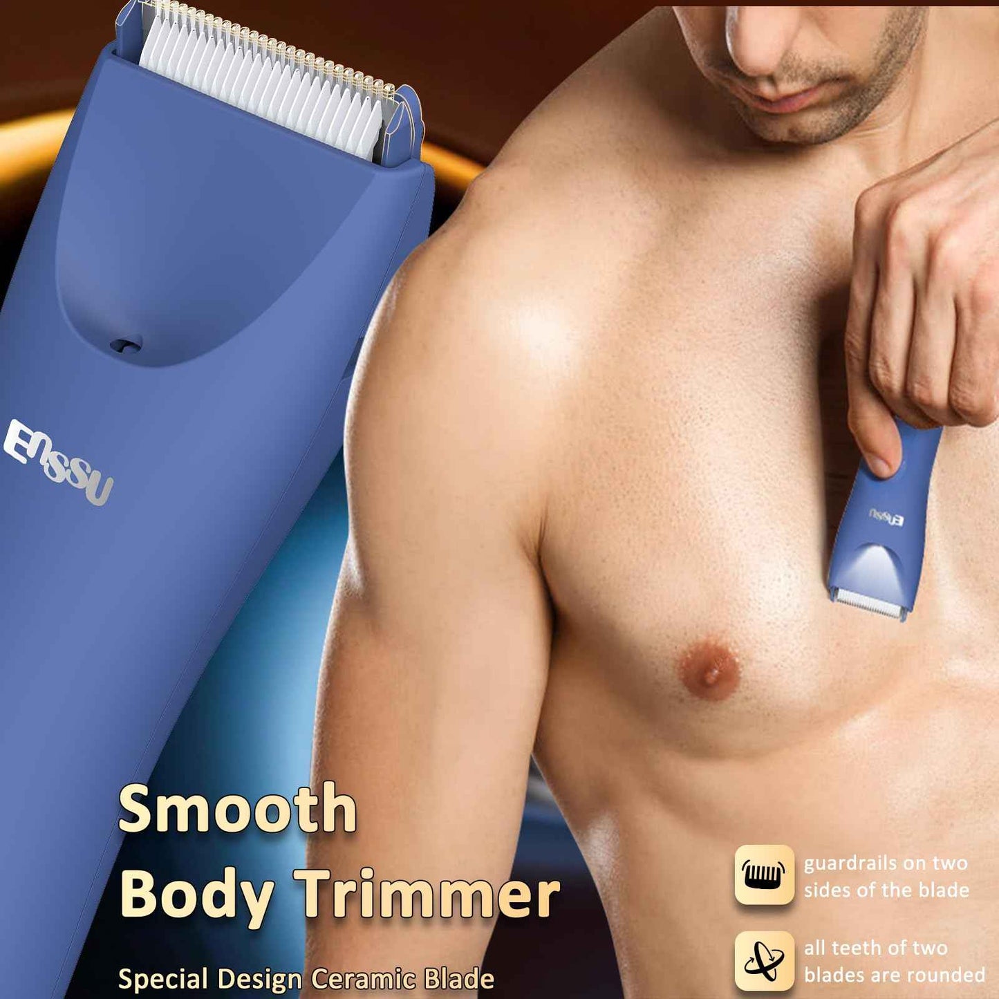 Electric Body Hair Trimmer for Men with Extra Skin-Safe Ceramic Blade, Ball Shaver Groomer w/LED Light& Charging Dock, Pubic Groin Hair Trimmer Male Razor Waterproof (Blue-with Charging Light)