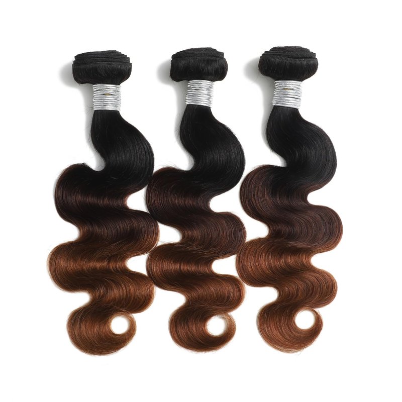AUROO T1B/2/30 Chestnut Brown Ombre Human Hair Bundles Body Wave, 10A Thick Track 100% Virgin Human Hair Bundles Dark Roots Bundle 3 Tone Ombre Medium Auburn Colored Single Bundle Quick Weaves 12 Inch
