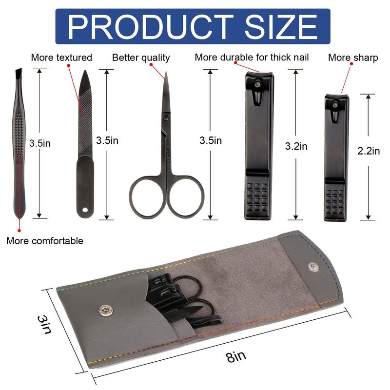 Manicure Pedicure Kit Nail Clippers Set Fingernails & Toenails Vibrissac Scissor 5 Pieces Best Care Tools for Man & Women with Travel Case (Gray/Black_A) (Gray/Black_A)