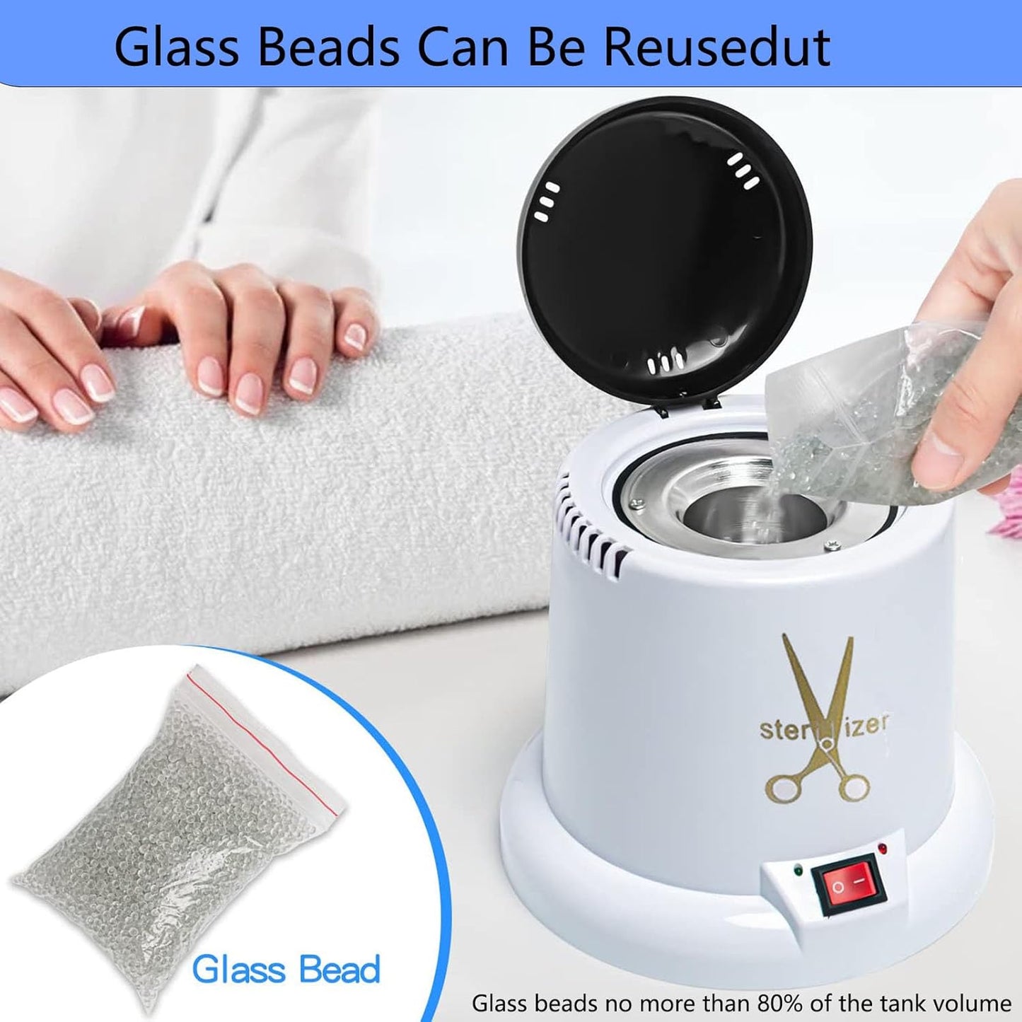 Nail Tool Sterilizer Machine - High-Temperature Cleaning Pot for Nail Art | White with Glass Bead