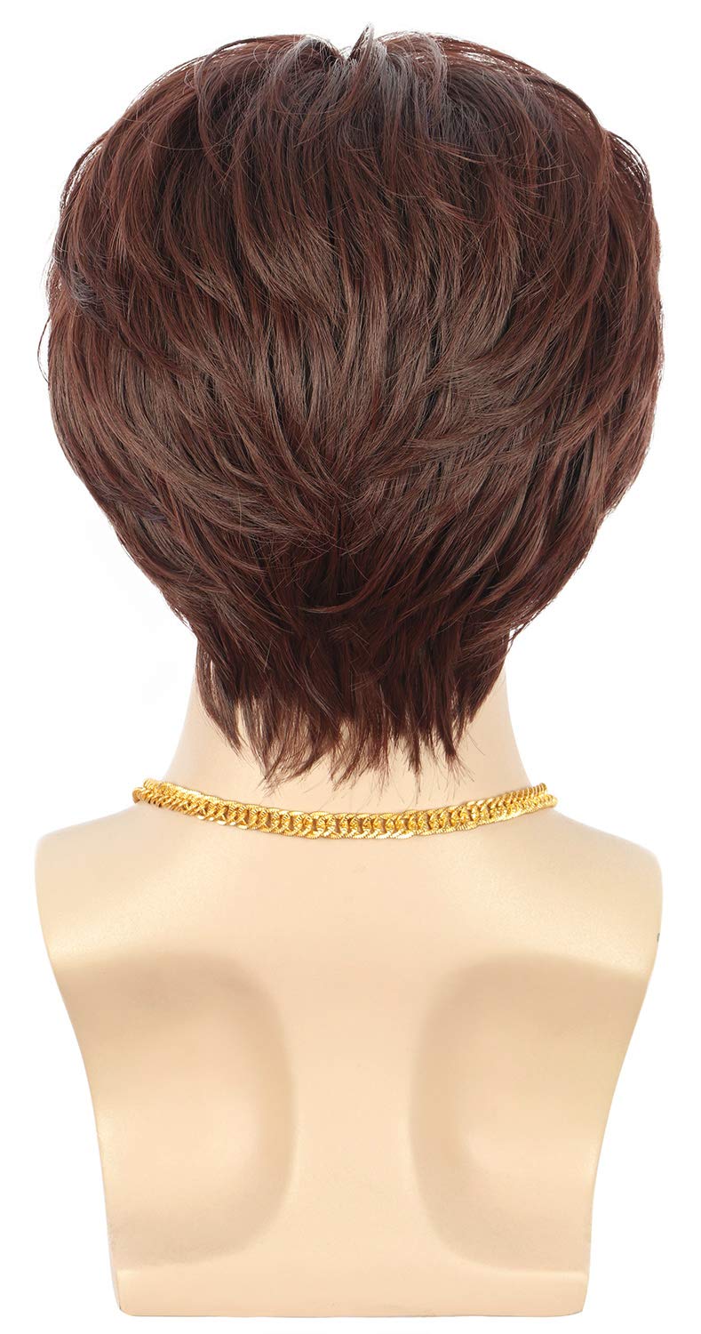 karlery Adult Men Short Straight Brown California 70s 80s Rocker Moustache Disco Wig with Necklace Halloween Costume Cosplay Anime Wig