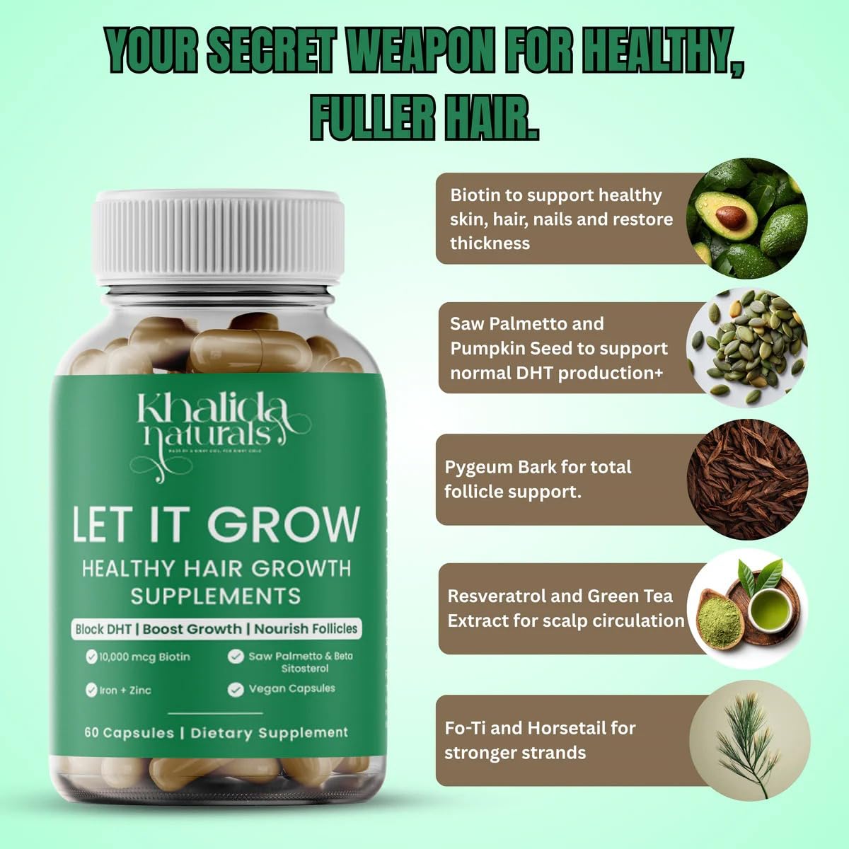 KhalidaNaturals Women's Hair Growth Supplements, DHT Blocker, with Biotin, Saw Palmetto, Pumpkin Seed, Nettle, Fo-Ti and Horsetail for Thicker and Stronger Hair. 30 (60 Count) 30 Days