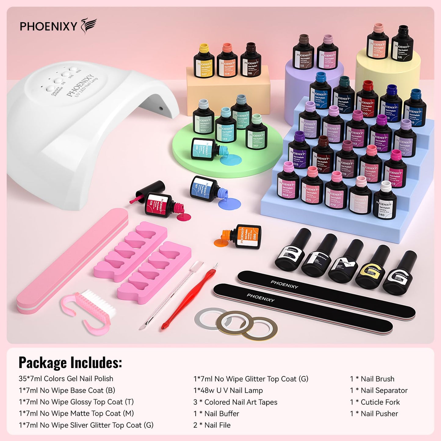 phoenixy Gel Nail Polish Kit with UV Light, 51Pcs Gel Nail Kit 35 Colors Gel Polish 5Pcs Base Top Coat All-Inclusive Manicure Set for Beginners DIY Home Nail Art Gift for Women and Girls