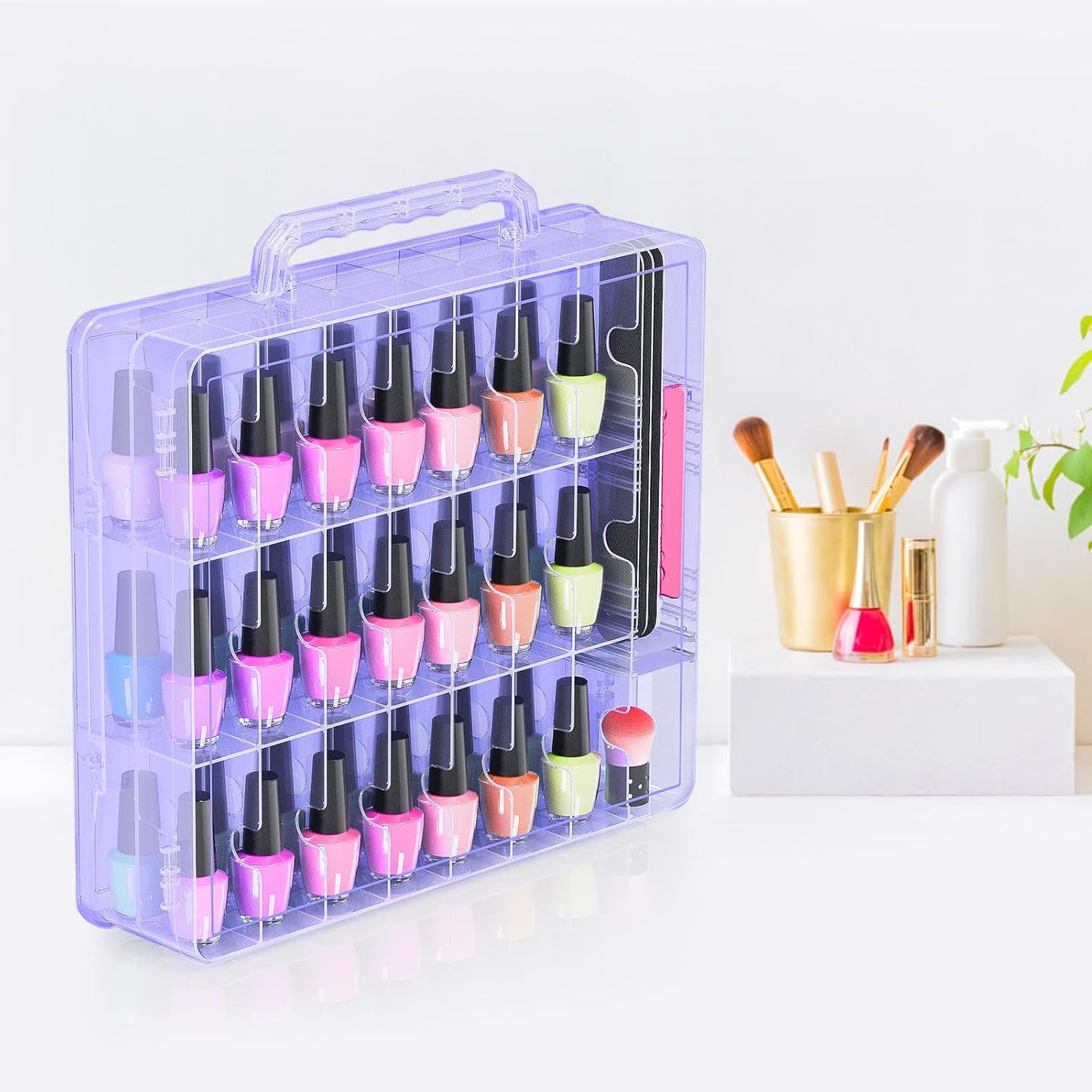 Nail Polish Organizer Case for 48 Bottles - Adjustable Divider, Double-Sided Storage | Purple