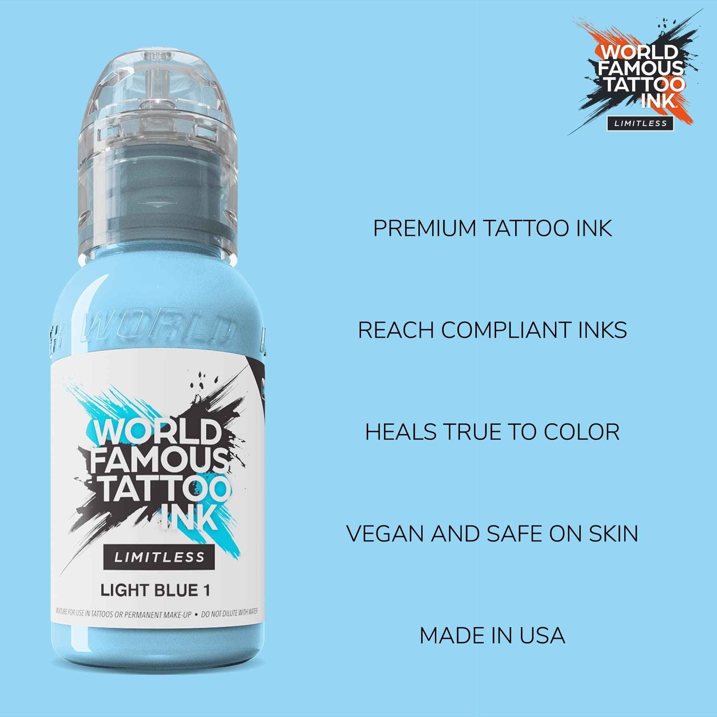 World Famous Tattoo Ink Limitless - Light Blue 1 - Professional Tattoo Ink & Tattoo Supplies - Skin-Safe Permanent Tattooing in Bold Shades - Vegan & Non-Toxic (1 oz)