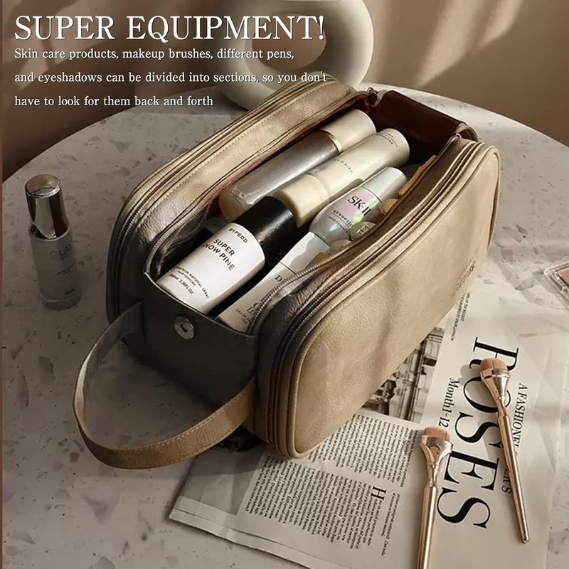 Large Capacity Makeup Toiletry Bag - 3-Layer Portable Organizer with Double Zippers | Light Brown