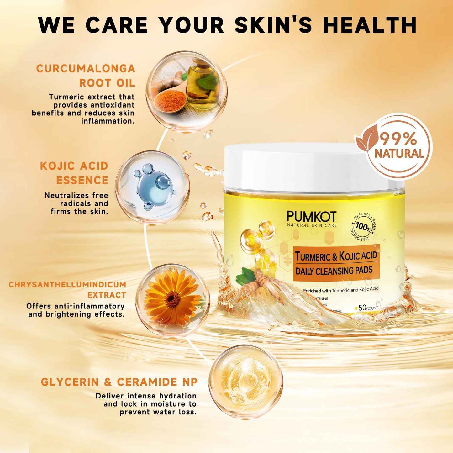 Pumkot Turmeric Kojic Acid Cleansing Pads, Turmeric Face Scrub Pads Enriched with Kojic Acid, 50PCS