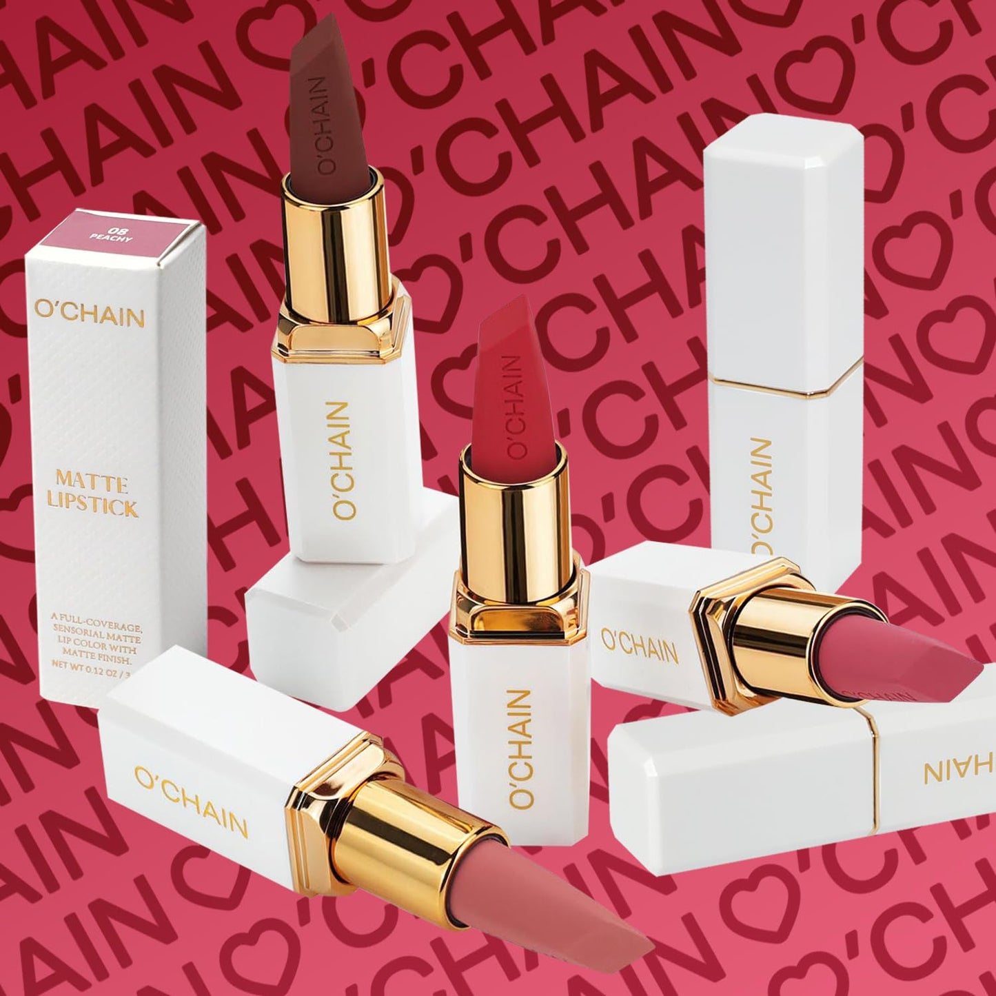 O'CHAIN Matte Lipstick, Long Lasting Full Coverage Non-Transfer Lipstick for Women Infused with Jojoba Oil and Vitamin E, Cruelty-Free & Vegan(08 PEACHY) 0.12 Oz