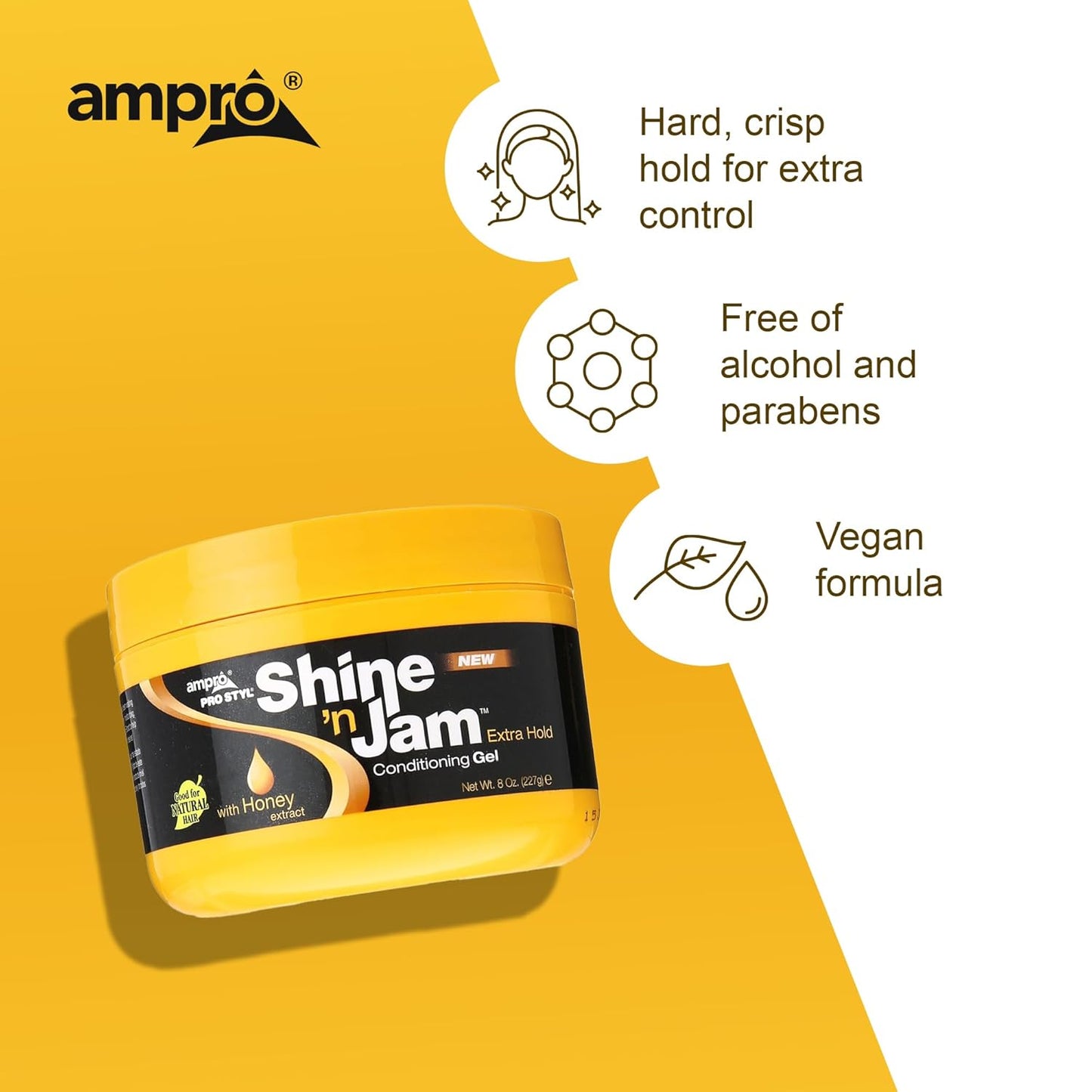 AmPro Shine-n-Jam Maximum Hold - Infused with Honey Extract to Strengthen Hair - Great for Taming Fringe, Ponytails, Soft Weaves, and Braids - Keeps Tresses Firm with Non-Greasy Shine - 8 oz