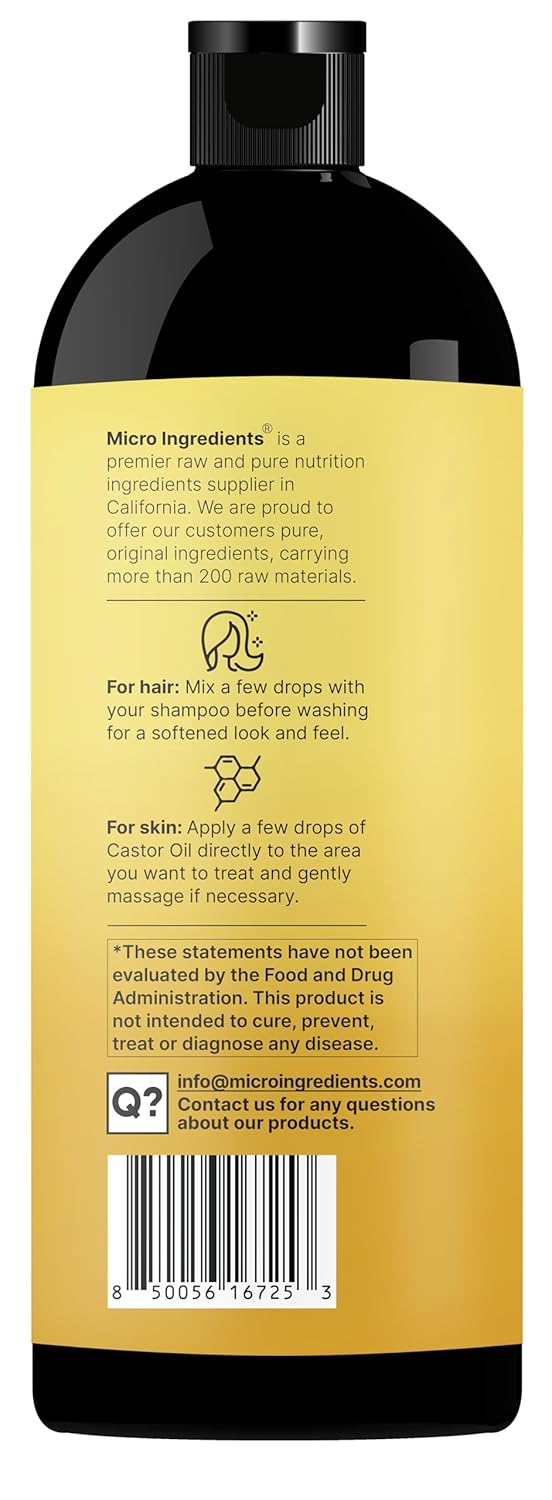 Organic Castor Oil - 100% Pure Cold-Pressed Carrier Oil for Hair, Skin & Eyelashes - 32 fl oz | USDA Certified, Non-GMO