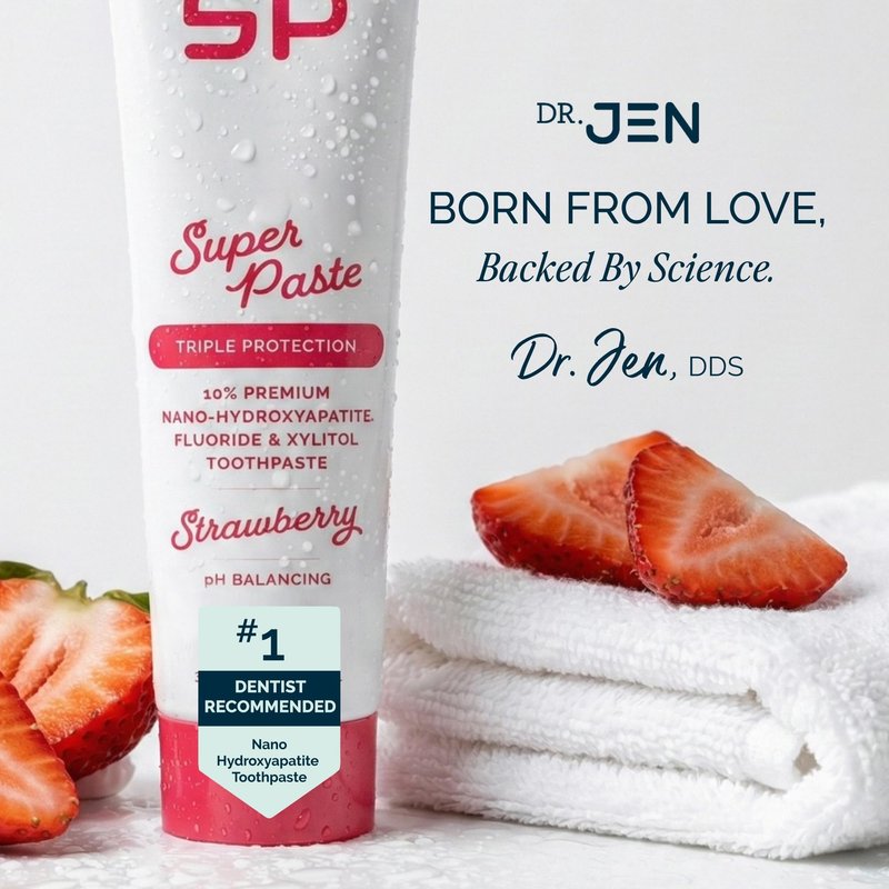 Dr. Jen Super Paste Toothpaste with Fluoride + 10% Premium Nano Hydroxyapatite, Xylitol, Strawberry, SLS Free, Vegan, Dentist Designed, Essential Oils, Fresh Clean Feel, 1 Pack
