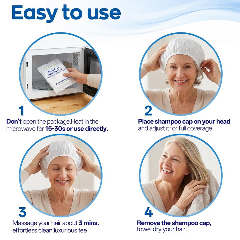 Shampoo Caps No Water Rinse Microwavable | Waterless Rinse Free Shampoo Cap Hair Washing for Bedridden Patients Post-Surgery Elderly Care, Camping | PH Balanced, Portable, Easy to Use-8 Pack