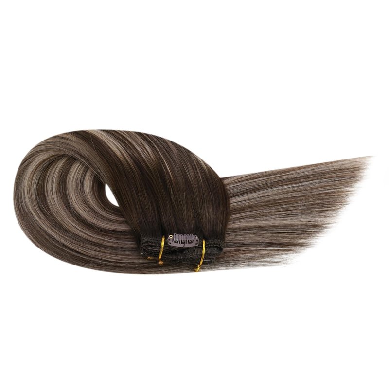 Ugeat Clip in Hair Extensions Real Human Hair, Balayage Clip in Hair Extensions, Dark Brown Balayage Ash Blonde, Remy Human Hair Clips in Extension for Short Hair, 12 Inch 5Pcs 85G