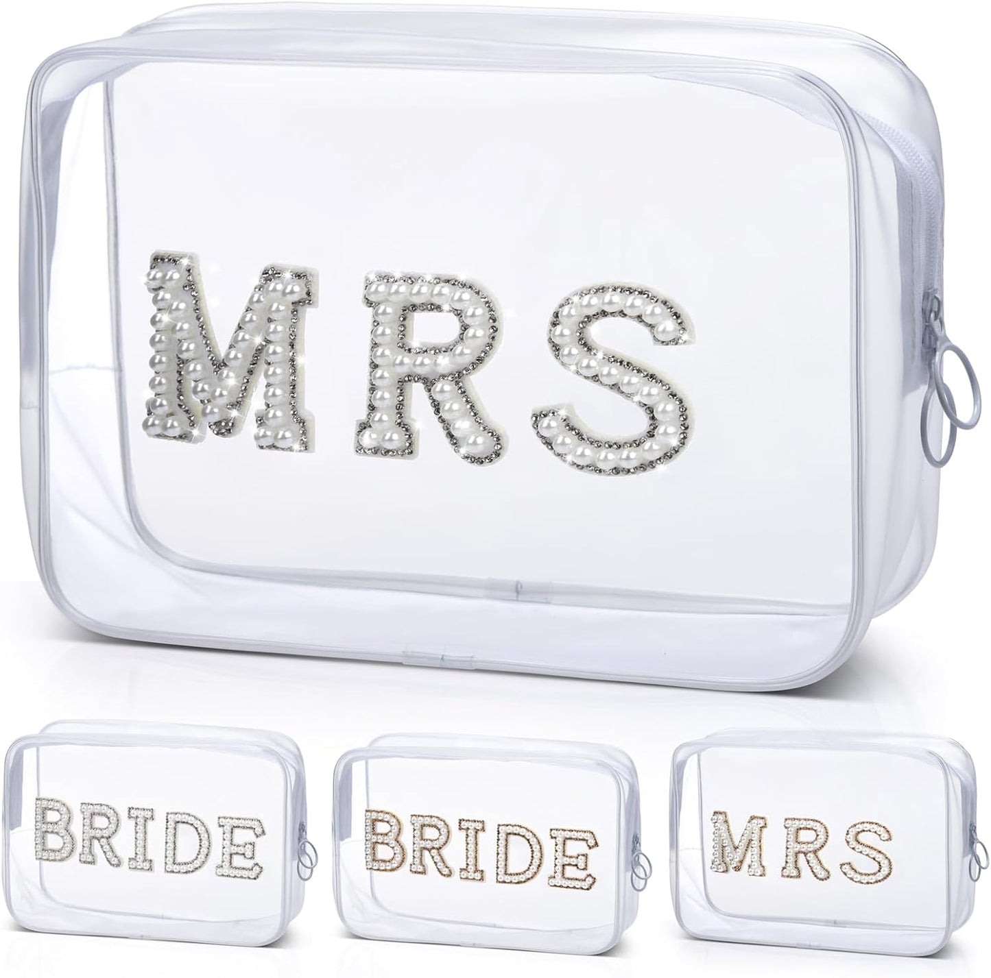 Etercycle Bride Clear Makeup Bag, Bridal Shower Gifts Engagement Cosmetic Bag, Bling Pearl Rhinestone Letter Patches Waterproof PVC Travel Organizer for Women Wedding Bachelorette Party (Gold)