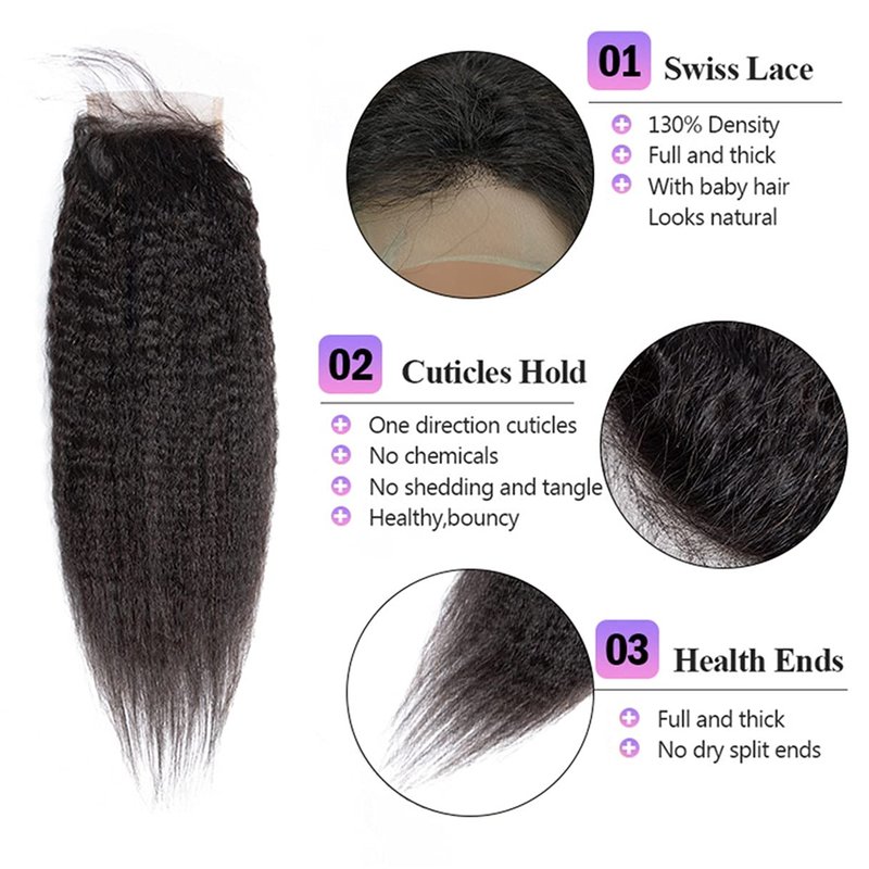 Brazilian Kinky Straight 4x4 Lace Closure 100% Unprocessed Human Virgin Hair Pre Plucked Coarse Italy Yaki Pre-Plucked Hairline Closure Natural Black With Baby Hair (14inch, kinky straight closure)