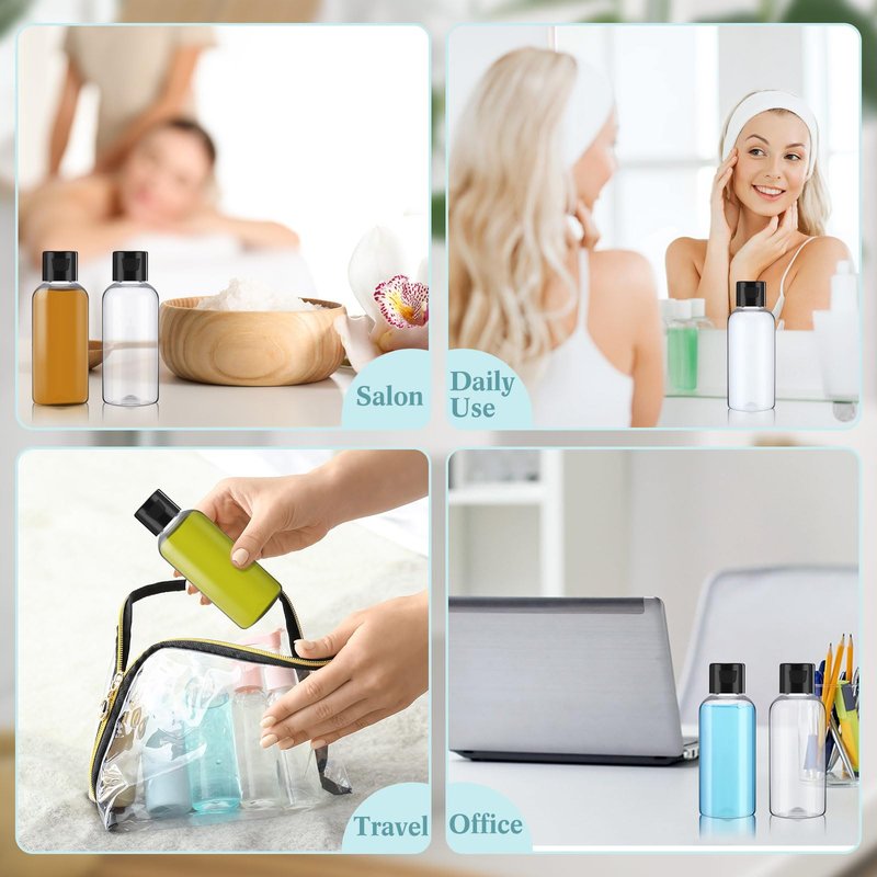 Mifoci 100 Pcs Small Plastic Bottles with Caps 2 oz Clear Empty Squeeze Bottle with Flip Cap Small Refillable Transparent Travel Dispenser Container for Shampoo Lotion Conditioner Liquid Soap