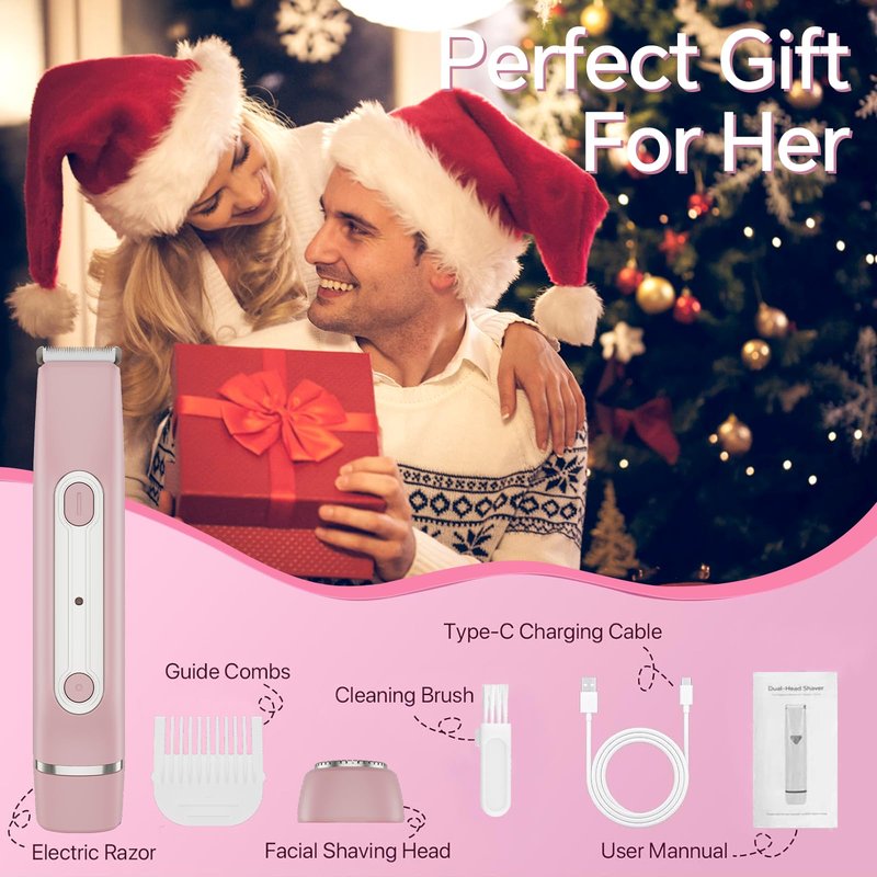 Bikini Trimmer for Women - 2 in 1 Dual Head Electric Razor, Painless Pubic & Body Hair Remover for Face, Legs, Underarms, IPX6 Waterproof, Cordless Rechargeable for Travel, Gift for Her(Pink+Purple)