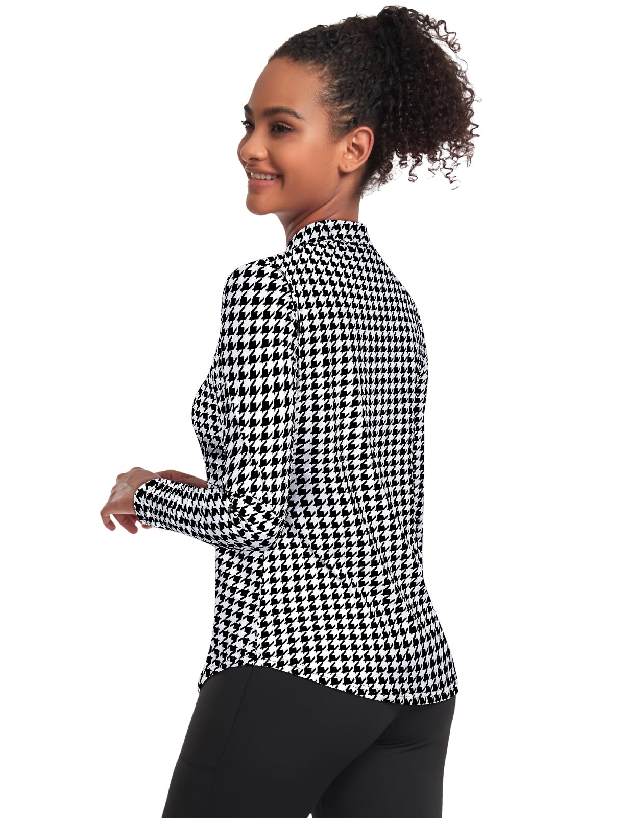 Misyula Quarter Zip Long Sleeve Athletic Shirts for Women Moisture Wicking Golf Tennis Yoga Hiking Running Workout Tops Black-Houndstooth L